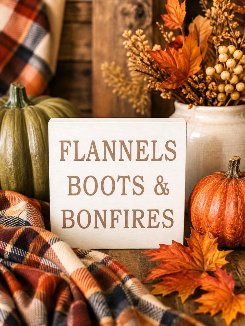 Flannels Boots & Bonfires Wood Block Sign Fall Autumn Farmhouse Shelf Home Décor